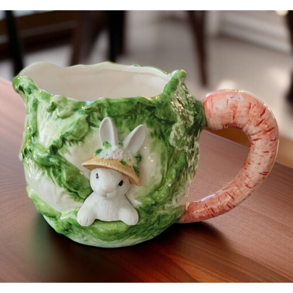 Fitz and Floyd Bunny and Cabbage Pitcher Carrot Handle Handpainted Vintage EUC